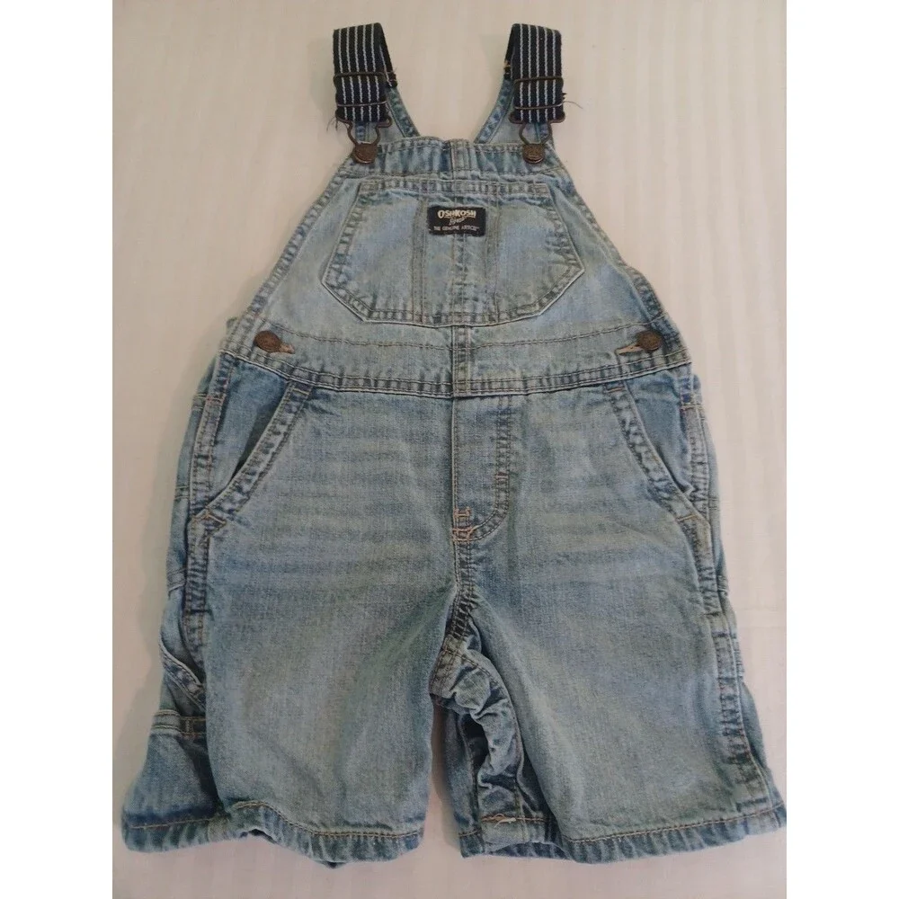 OshKosh B'Gosh blue denim overalls 24 months shortalls adjustable striped straps